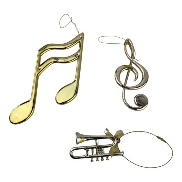 Gold Musical Theme Christmas Tree Ornaments Set Of 3 Notes Treble Clef Trumpet - Picture 5 of 9